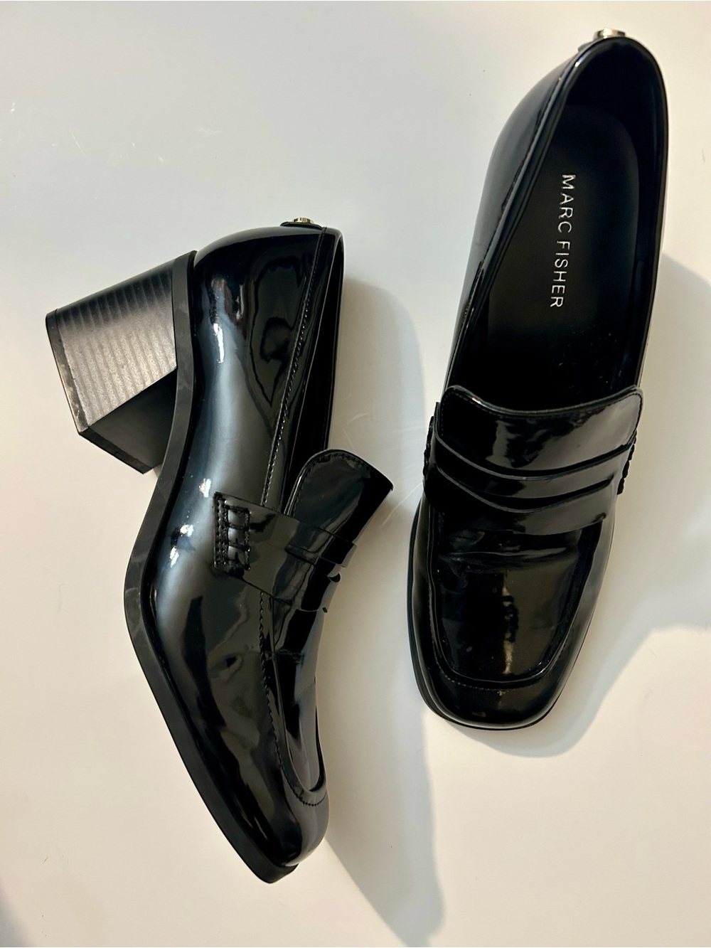 Marc Fisher Black Patent Block Heel Loafers